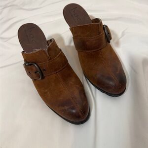 b.o.c. Brown Leather Buckle Mule Heels